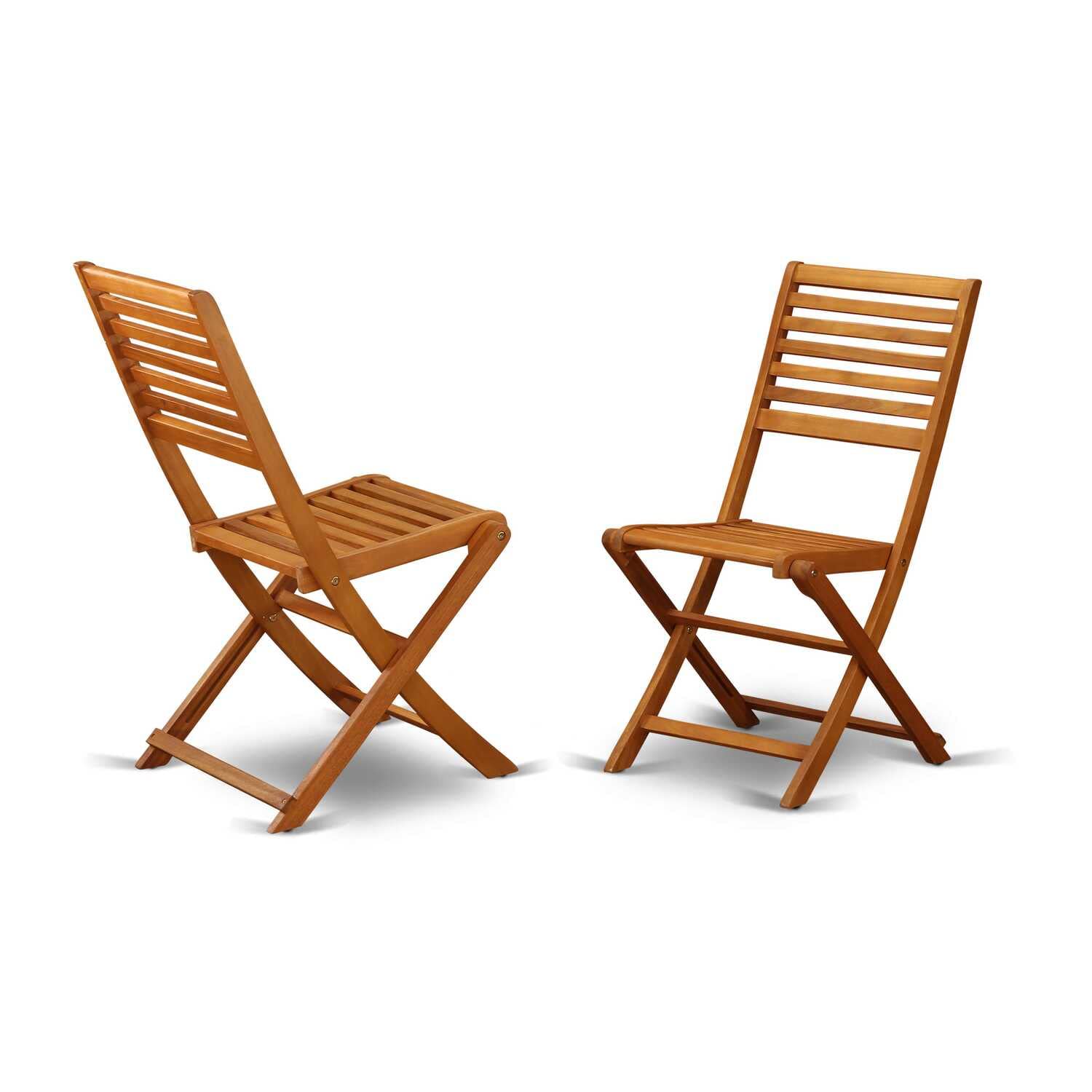East West Furniture Marion 3 Piece Outdoor Conversation Bistro Set Contains a Round Acacia Wood Coffee Table and 2 Folding Side Chairs, 30x30 Inch, Natural Oil