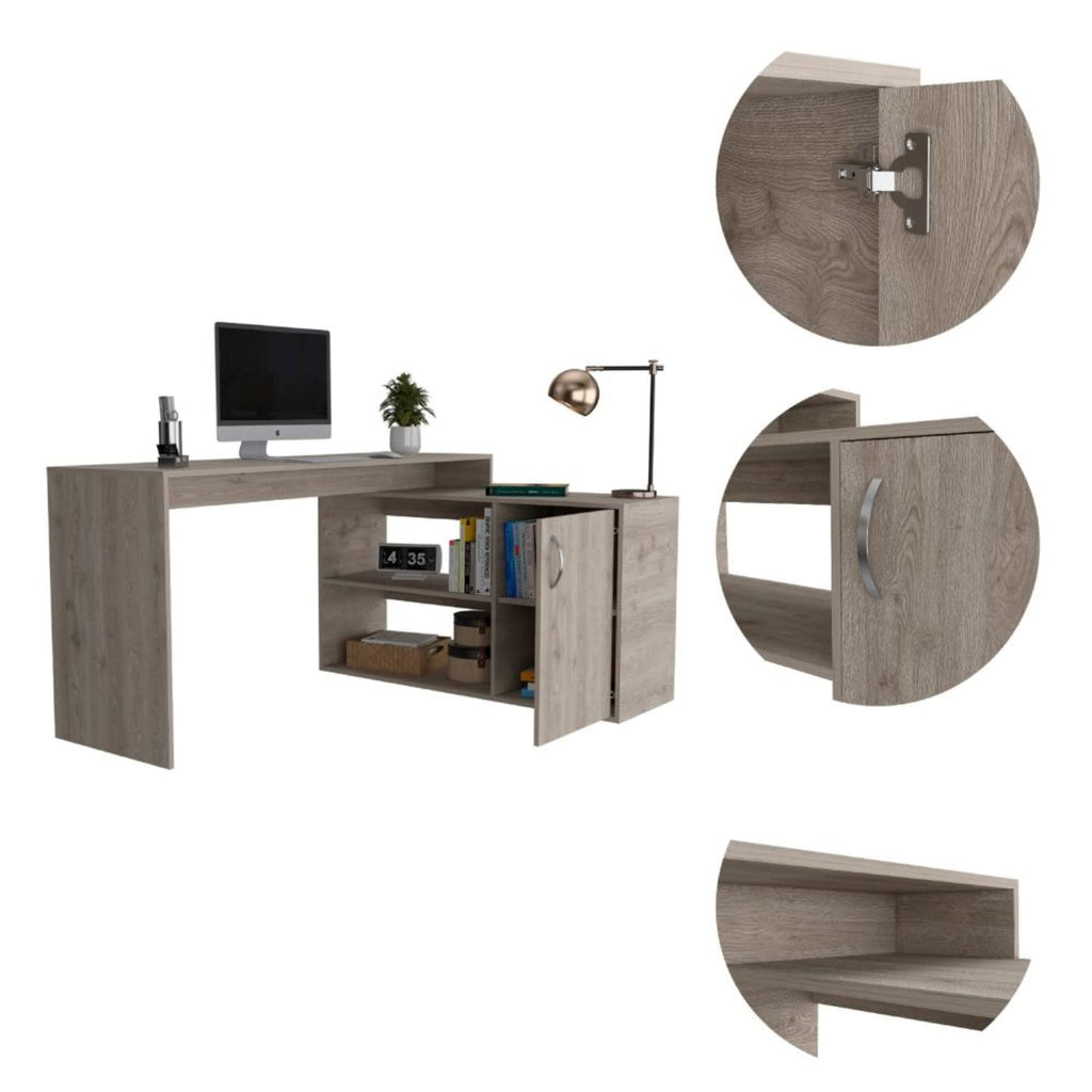 Pearl L Shaped Desk with Single Door Cabinet and 2 Shelves, Light Gray