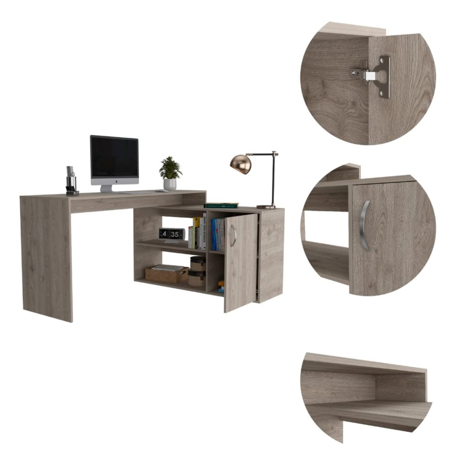Pearl L Shaped Desk with Single Door Cabinet and 2 Shelves, Light Gray