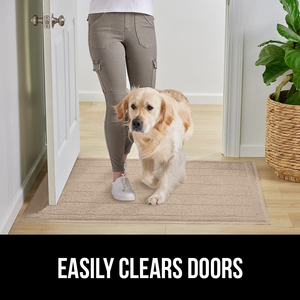 Gorilla Grip Dirt Grabber Mesh Door Mat, Low-Profile, Stain And Fade Resistant Heavy Duty Quick Dry Striped Doormat, Mats For Indoor Or Outdoor Entry, Shoe Scraper, Garage Entrance Mat, 35X23, Beige