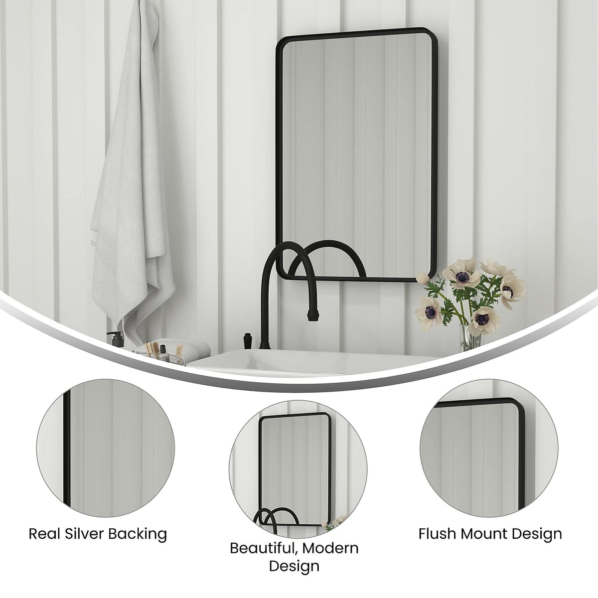 Flash Furniture Janinne Rectangle Wall Mirror - Matte Black Accent Mirror - 20" X 30" Vanity Mirror - For Bathroom, Vanity, Entryway, Dining Room, & Living Room