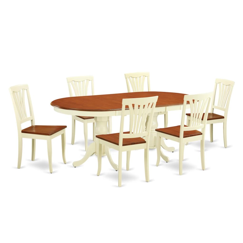 East West Furniture PLAV7-WHI-W 7 Piece Dining Set Consist of an Oval Dining Room Table with Butterfly Leaf and 6 Wood Seat Chairs, 42x78 Inch, Buttermilk & Cherry