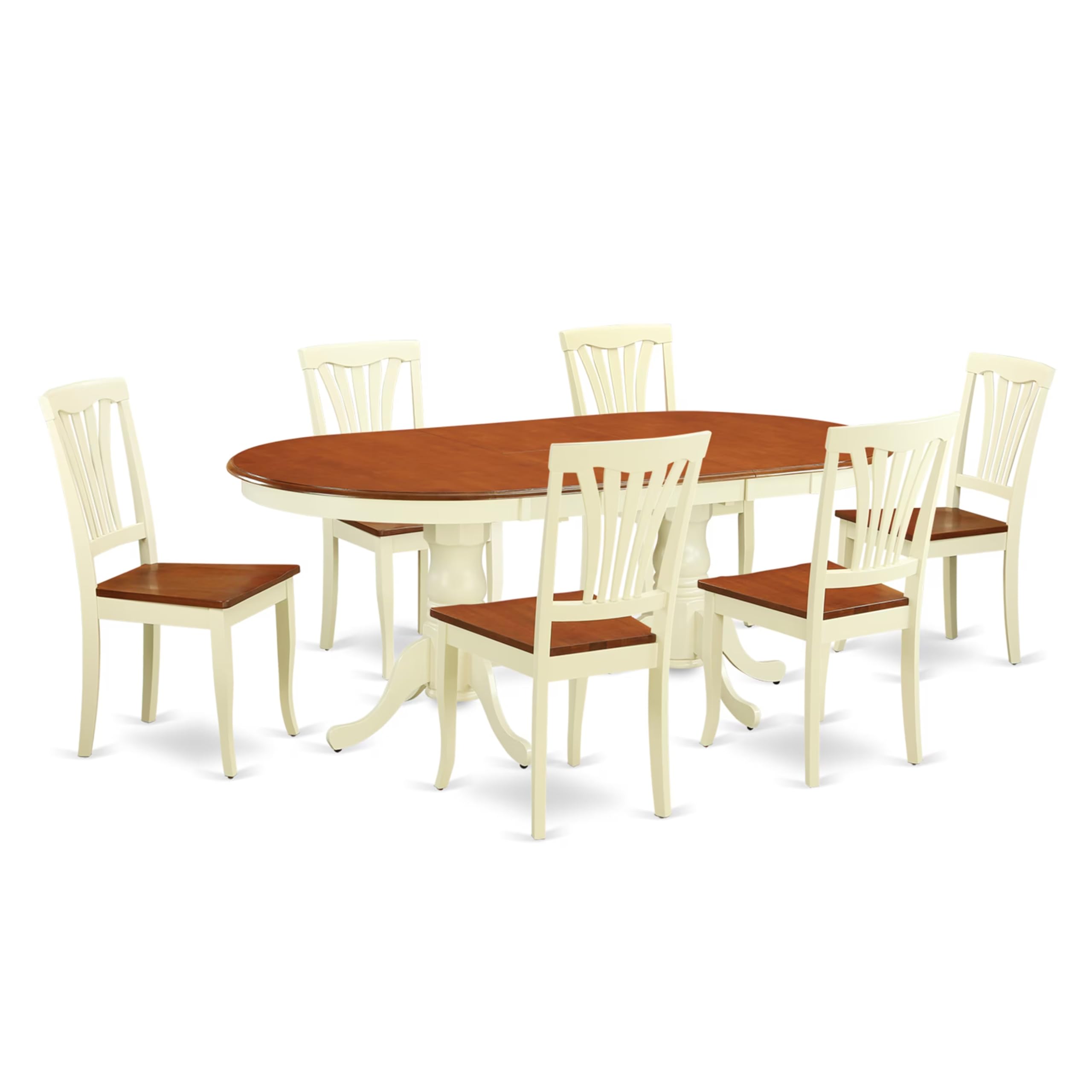 East West Furniture PLAV7-WHI-W 7 Piece Dining Set Consist of an Oval Dining Room Table with Butterfly Leaf and 6 Wood Seat Chairs, 42x78 Inch, Buttermilk & Cherry