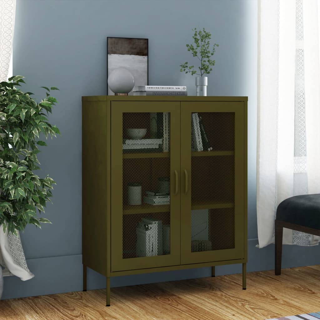 vidaXL Olive Green Steel Storage Cabinet - Sturdy Industrial Design with Adjustable Shelves and Levellers, Easy to Assemble, Perfect for Books and Magazines