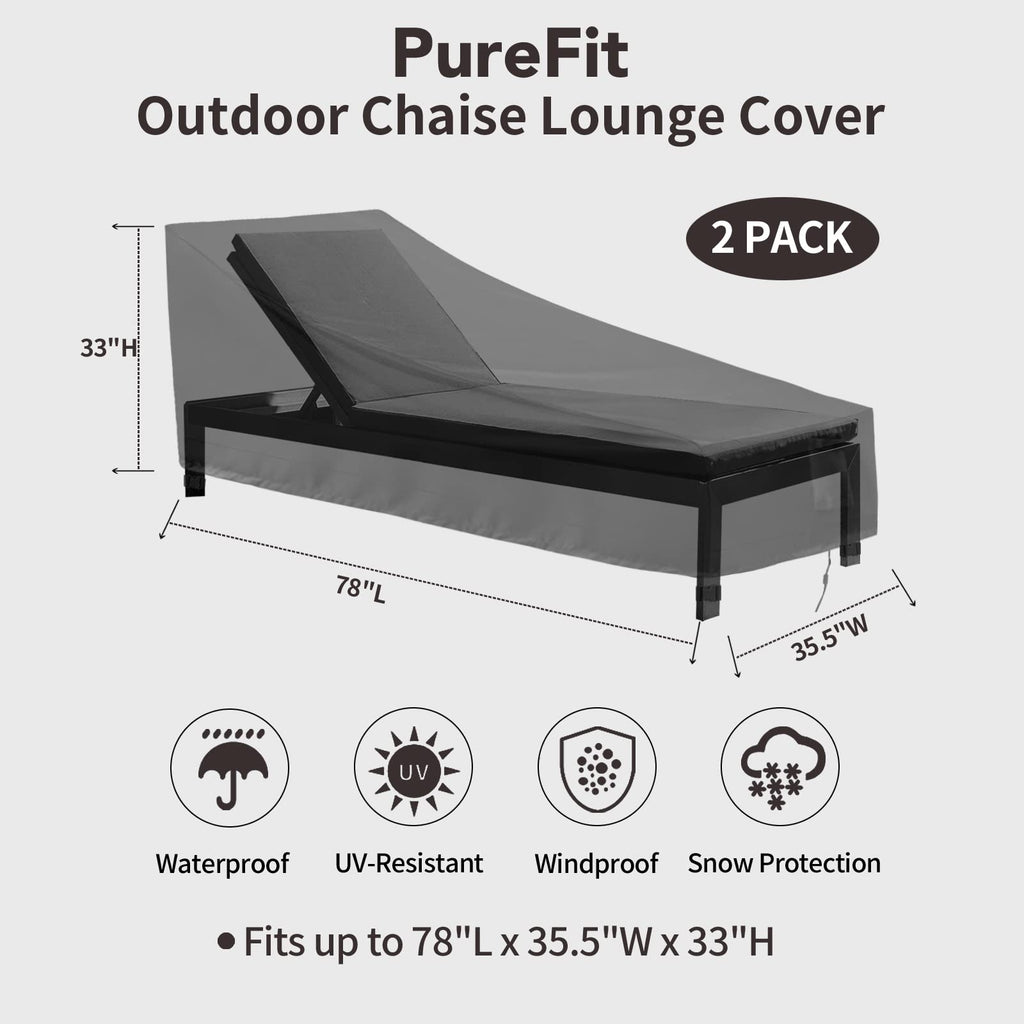 Purefit Outdoor Chaise Lounge Cover, Lounge Chair Covers Waterproof Patio Furniture Lounge Chair Cover, Uv Resistant & Weatherproof, 2 Pack, 78' L X 35.5' W X 33' H Inches, Black