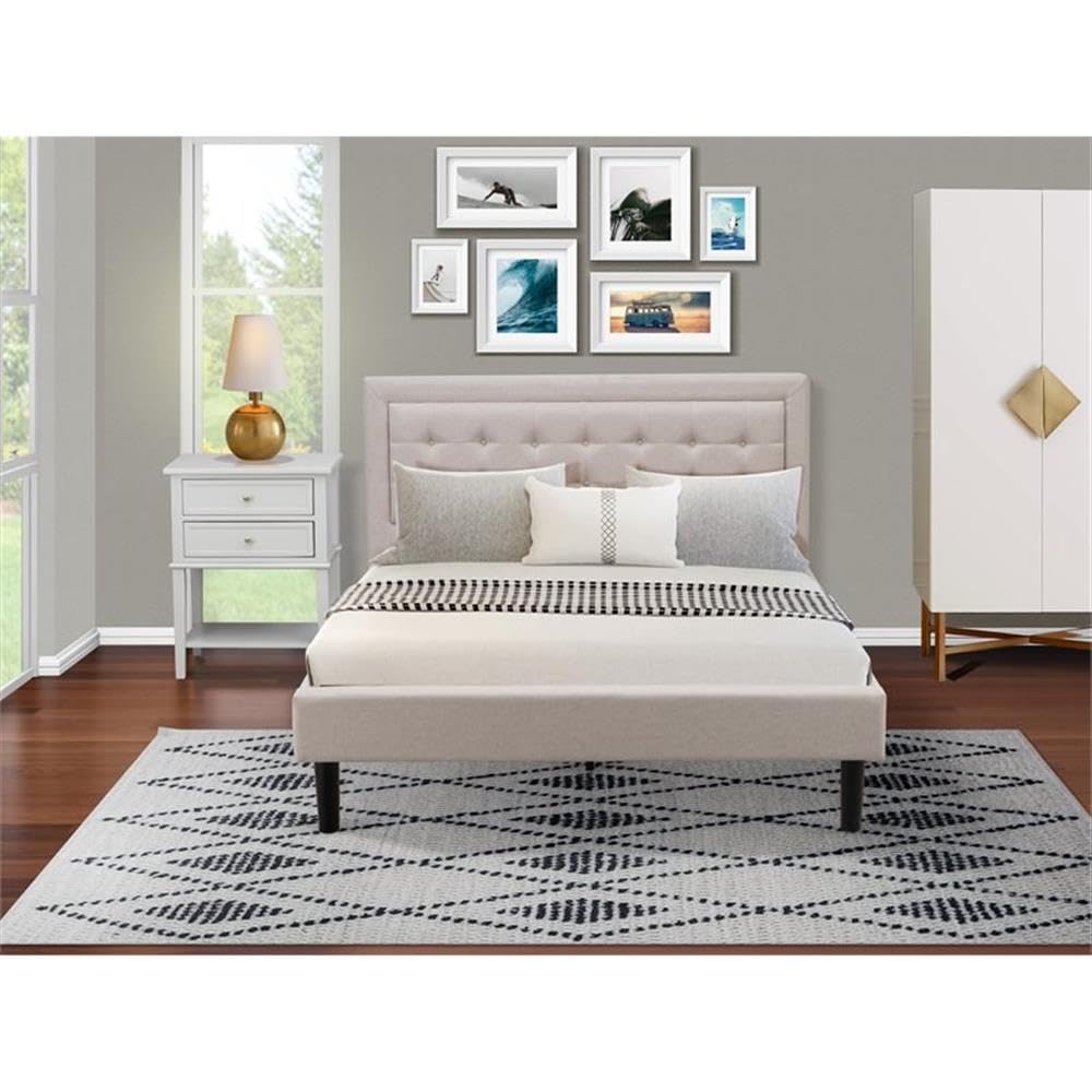 East West Furniture FN08Q-1VL14 2-Piece Fannin Bed Set with 1 Platform Bed and a Bedroom Nightstand - Reliable and Durable Manufacturing - Mist Beige Linen Fabric