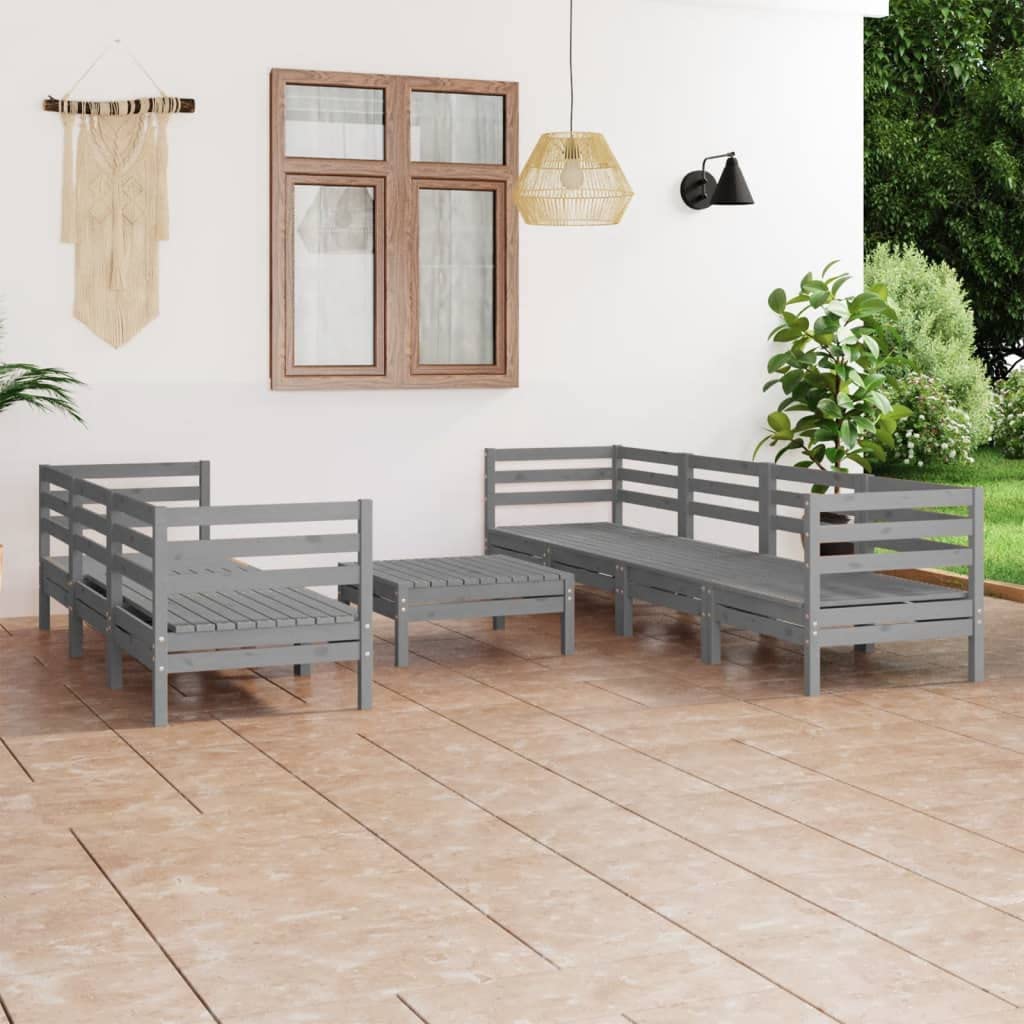 vidaXL Solid Pinewood Patio Lounge Set 8 Piece Garden Outdoor Terrance Backyard Furniture Set Wooden Lounge Sofa Seating Chair Seat Gray