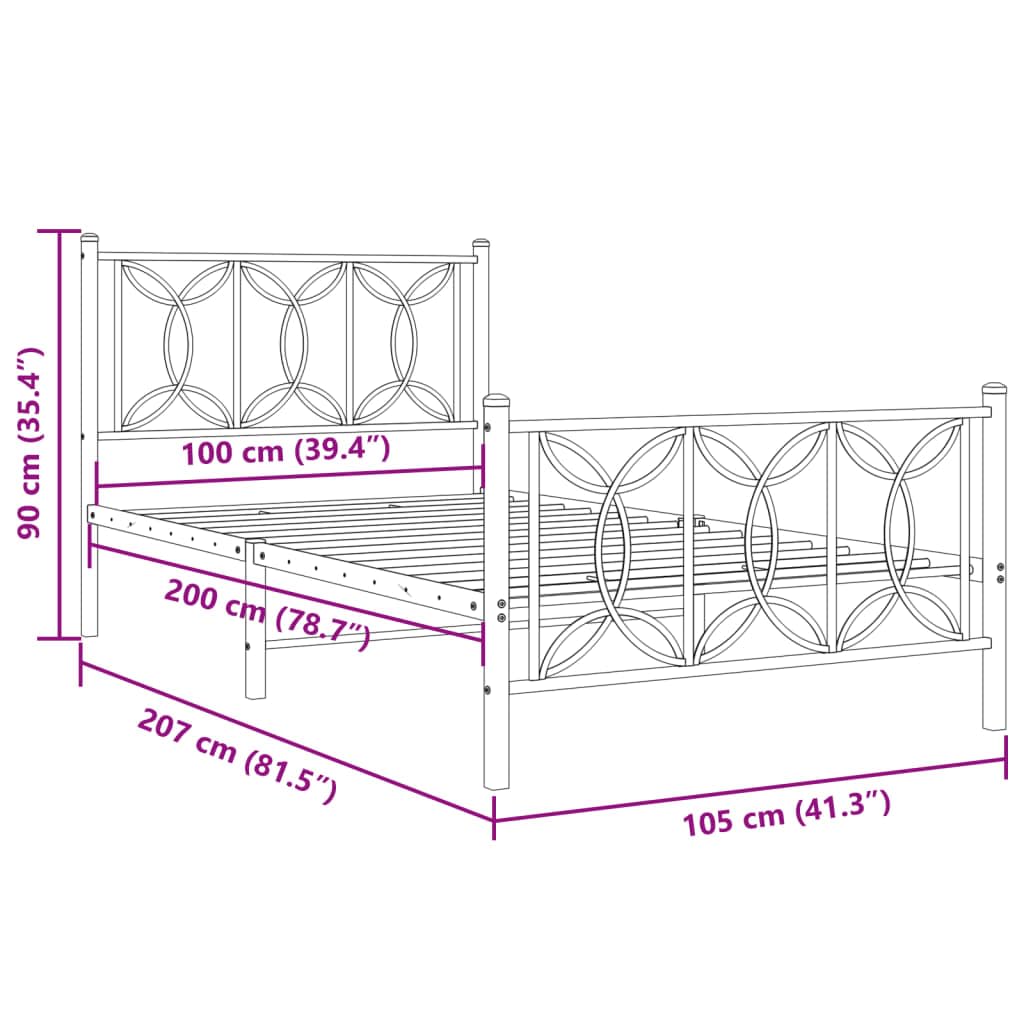 vidaXL Metal Bed Frame with Headboard/Footboard - Black, Single Bed, 81.5"x41.3"x35.4", Steel Slats & Legs, Under-Bed Storage