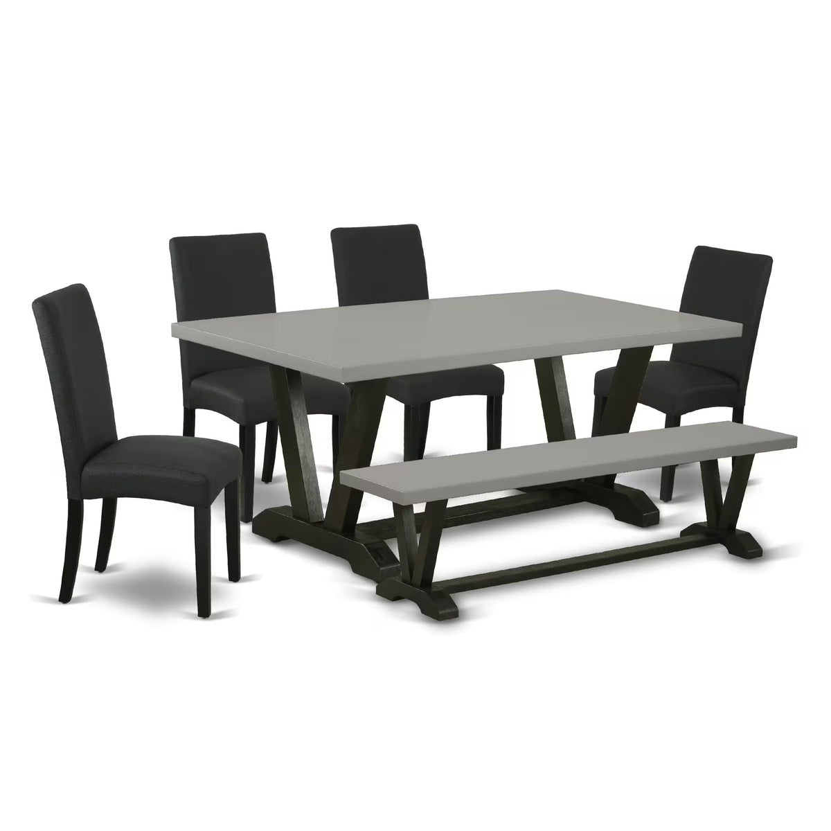 East West Furniture V697Dr124-6 6 Piece Dining Table Set Contains A Rectangle Wooden Table With V-Legs And 4 Black Color Linen Fabric Parson Chairs With A Bench, 40X72 Inch, Multi-Color