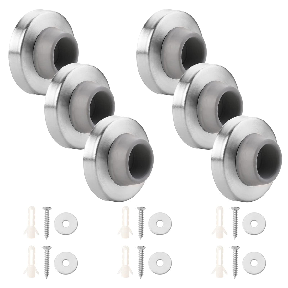 6Pcs Concave Wall Door Bumper Stop Gray Rubber Wall Mount Door Stoppers Silver Stainless Round Door Knb Stop Protector Prevent D