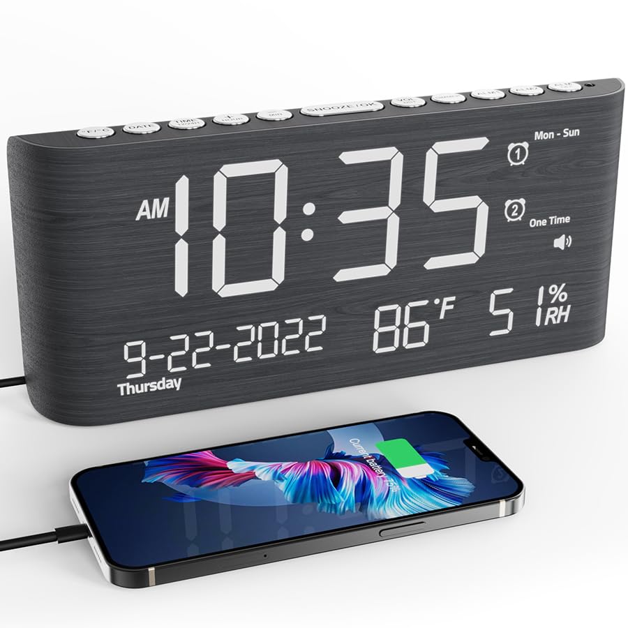 Digital Clocks for Bedrooms, Wooden Alarm Clock with Temperature and Humidity,Dual Alarm,Weekday/Weekend Mode,Snooze,USB Charger