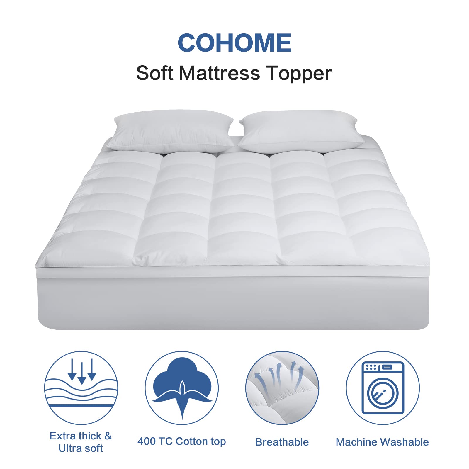 Cohome Queen Size Mattress Topper Extra Thick Cooling Mattress Pad 400Tc Cotton Top Plush Down Alternative Fill Pillow Top Mattr