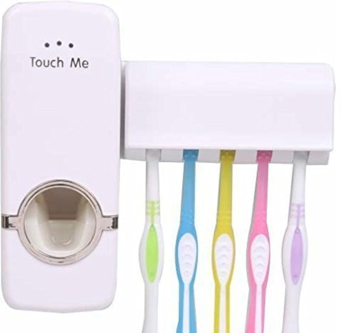 Dxent Plastic Automatic HandsFree Wall Mounted Toothpaste Dispenser Squeezer with Detachable 5 Hole Toothbrush Holder (Standard