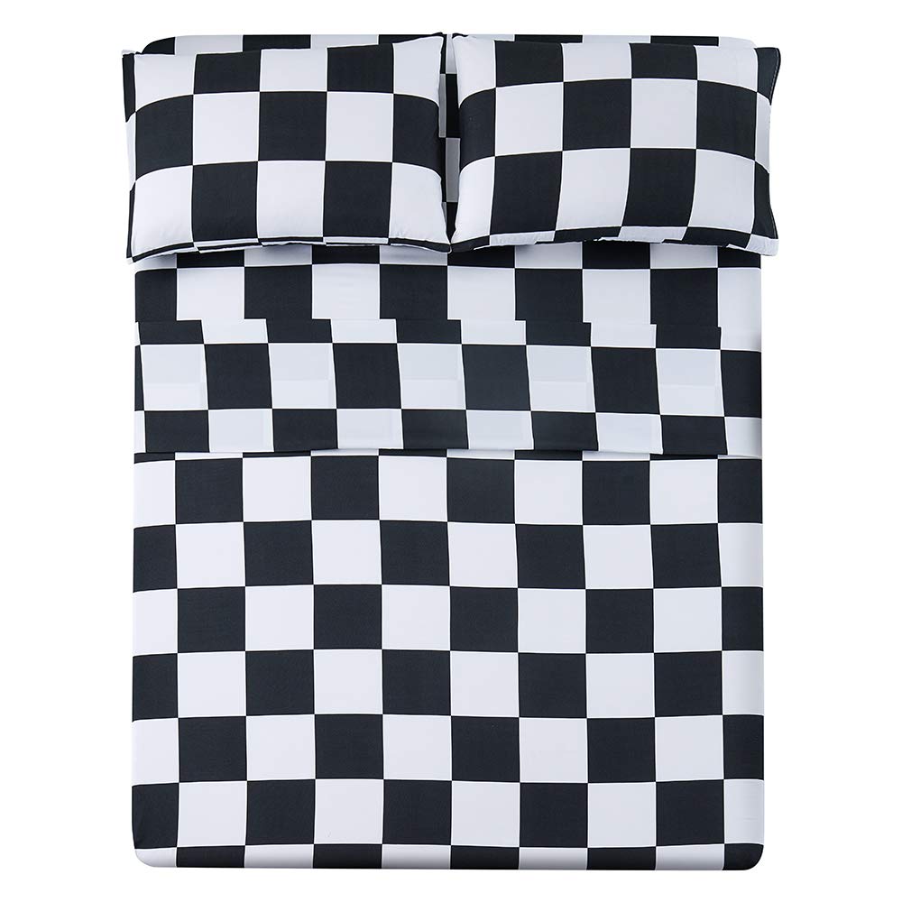 Bed Sheet Set 4 Piece -Full Size-Soft Durable Microfiber Bedding Sheet Set,Deep Pocket,Stain,Fade & Wrinkle Resistant (Plaid Bla