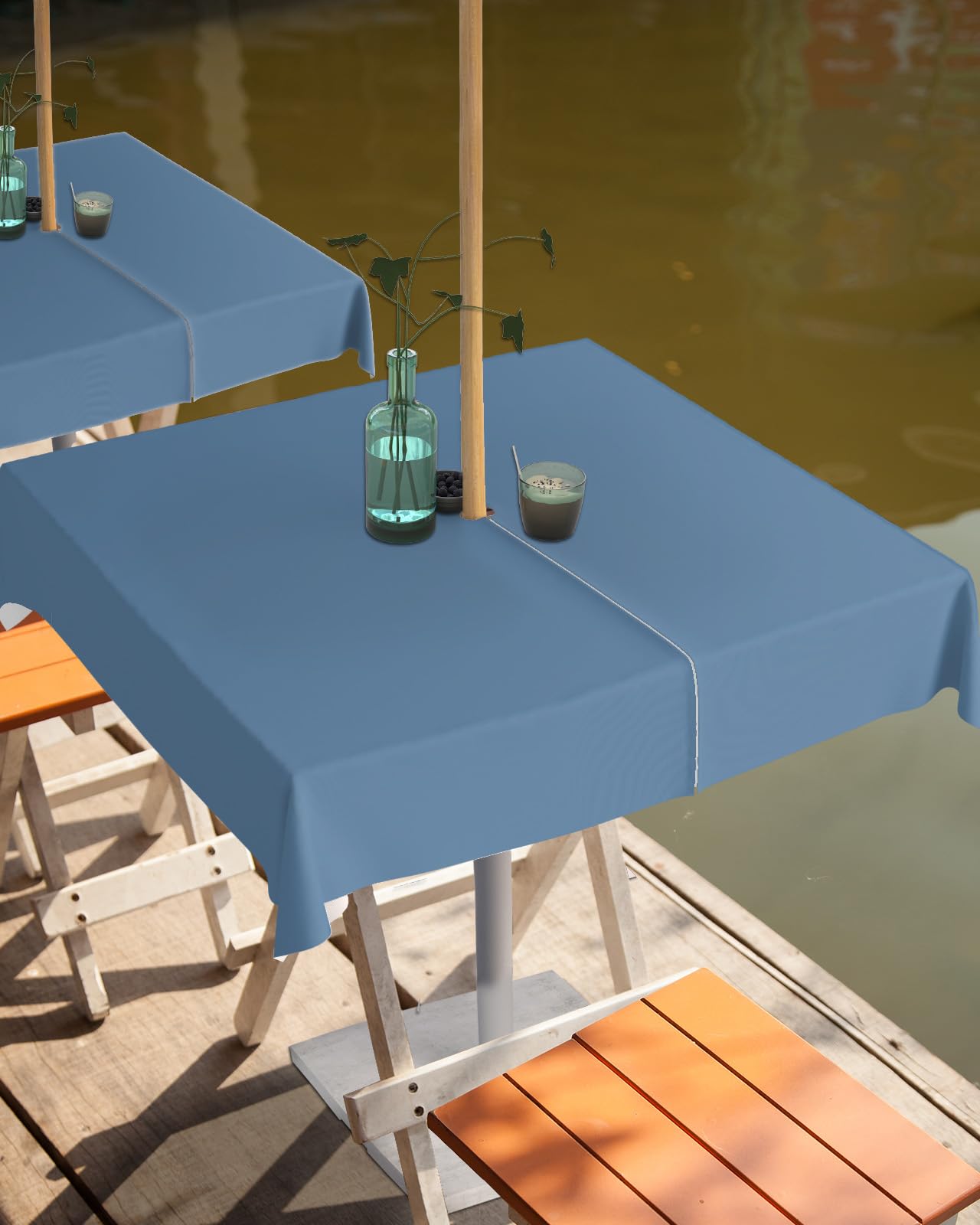 Queenker Royal Blue Outdoor Tablecloth With Umbrella Hole And Zipper, Solid Color Table Cover For Square Tables Waterproof Table
