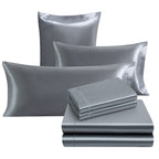 Ersmak 7 Pieces Satin Sheets Set King Size, Luxury Silky Grey Satin Bed Sheets Set With 1 Deep Pocket Fitted Sheet, 1 Soft Flat