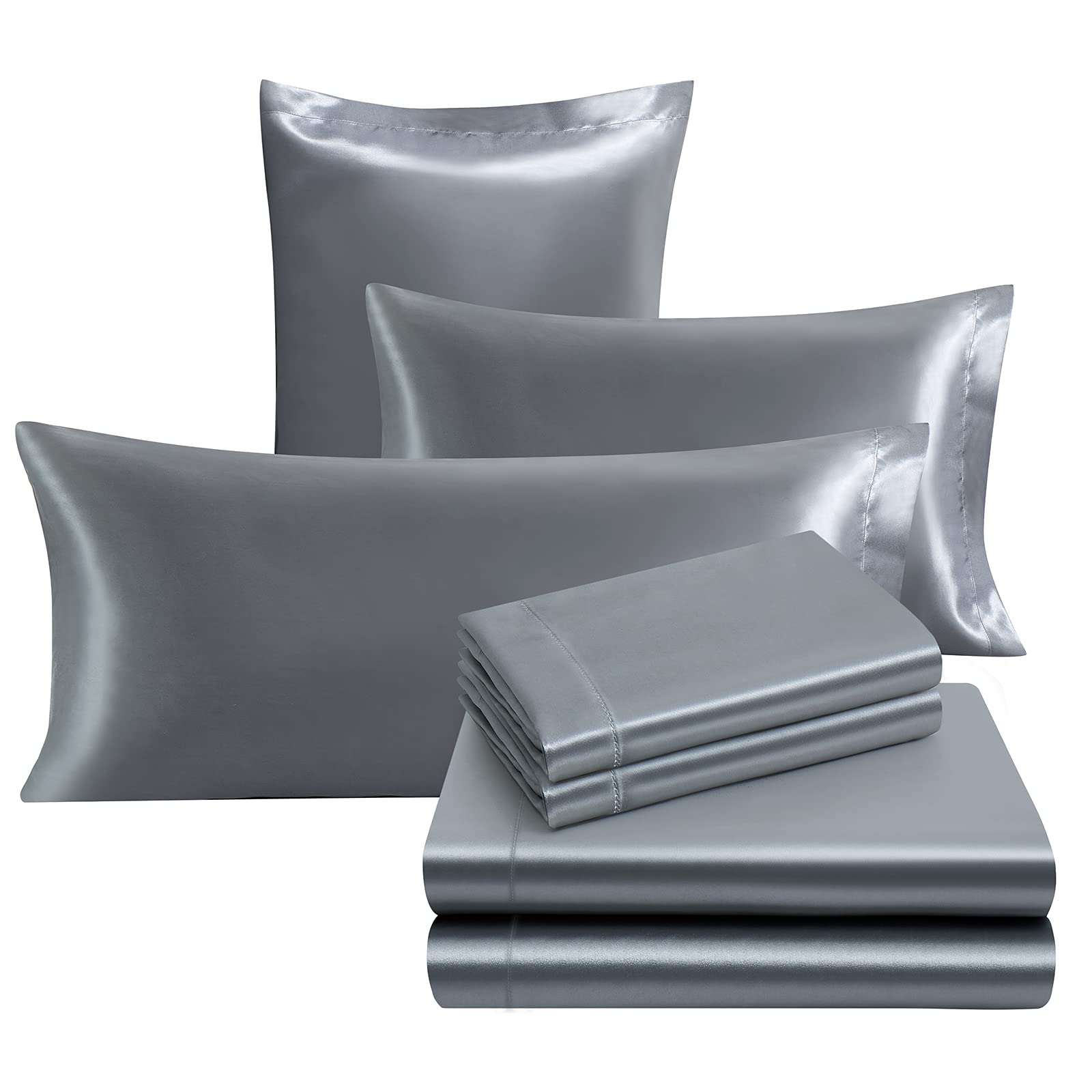 Ersmak 7 Pieces Satin Sheets Set King Size, Luxury Silky Grey Satin Bed Sheets Set With 1 Deep Pocket Fitted Sheet, 1 Soft Flat