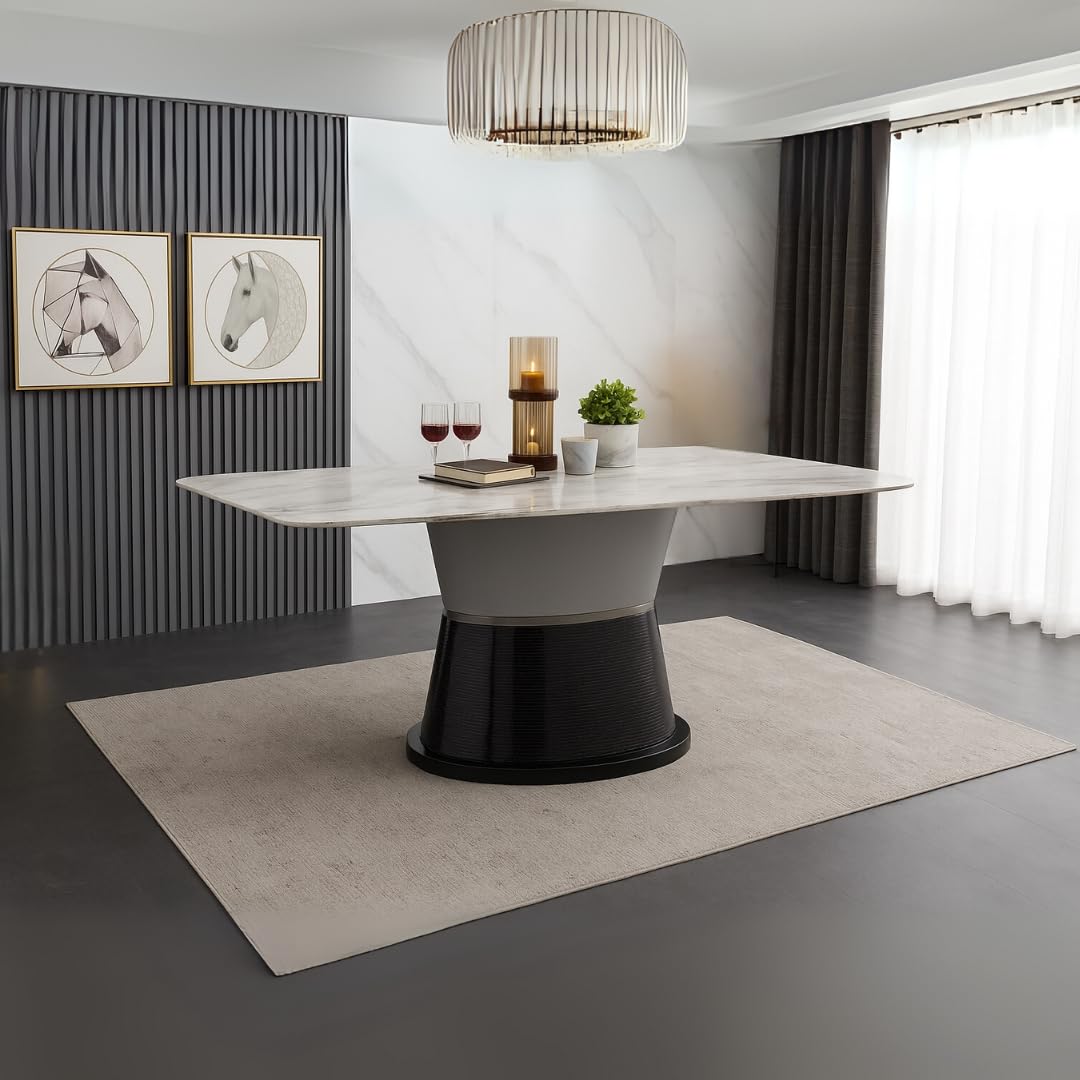 Royaloak Lucca Italian Marble Dining Table | 5D Printed Natural Stone Top | Rounded Corners & Curved Edges | Hourglass Base With
