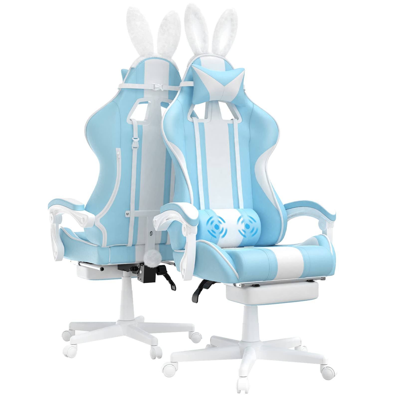 Ferghana Blue Gaming Chair With Bunny Ear, Cute Massage Gaming Chairs For Adults & Teens, Office Pc Gamer Chair With Footrest, Kawaii Computer Game Chair For Girls, Racing Reclining Silla Gamer