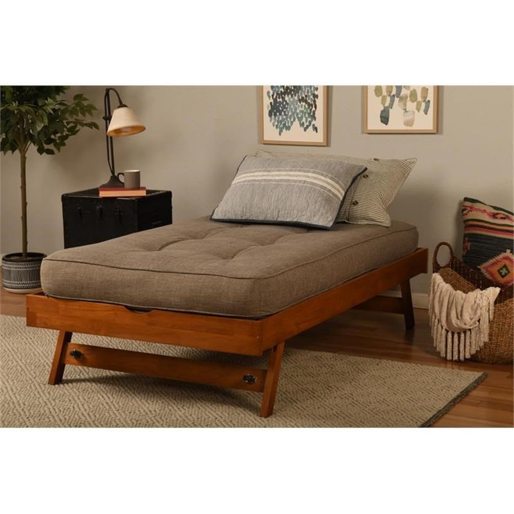 Kodiak Furniture Boho Wood Pop Up Bed in Barbados Brown w/Linen Stone Mattress