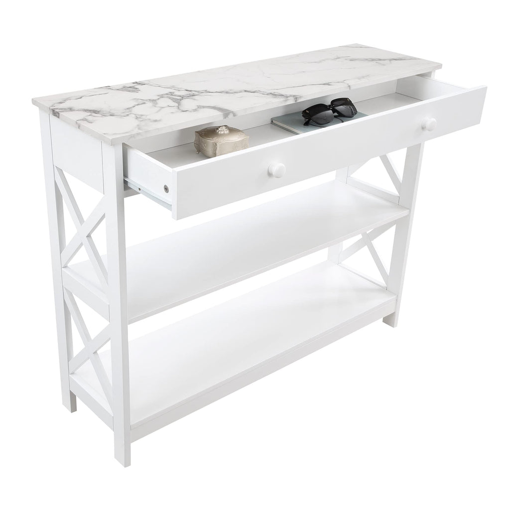 Convenience Concepts Oxford 1 Drawer Console Table With Shelves, White Faux Marble/White