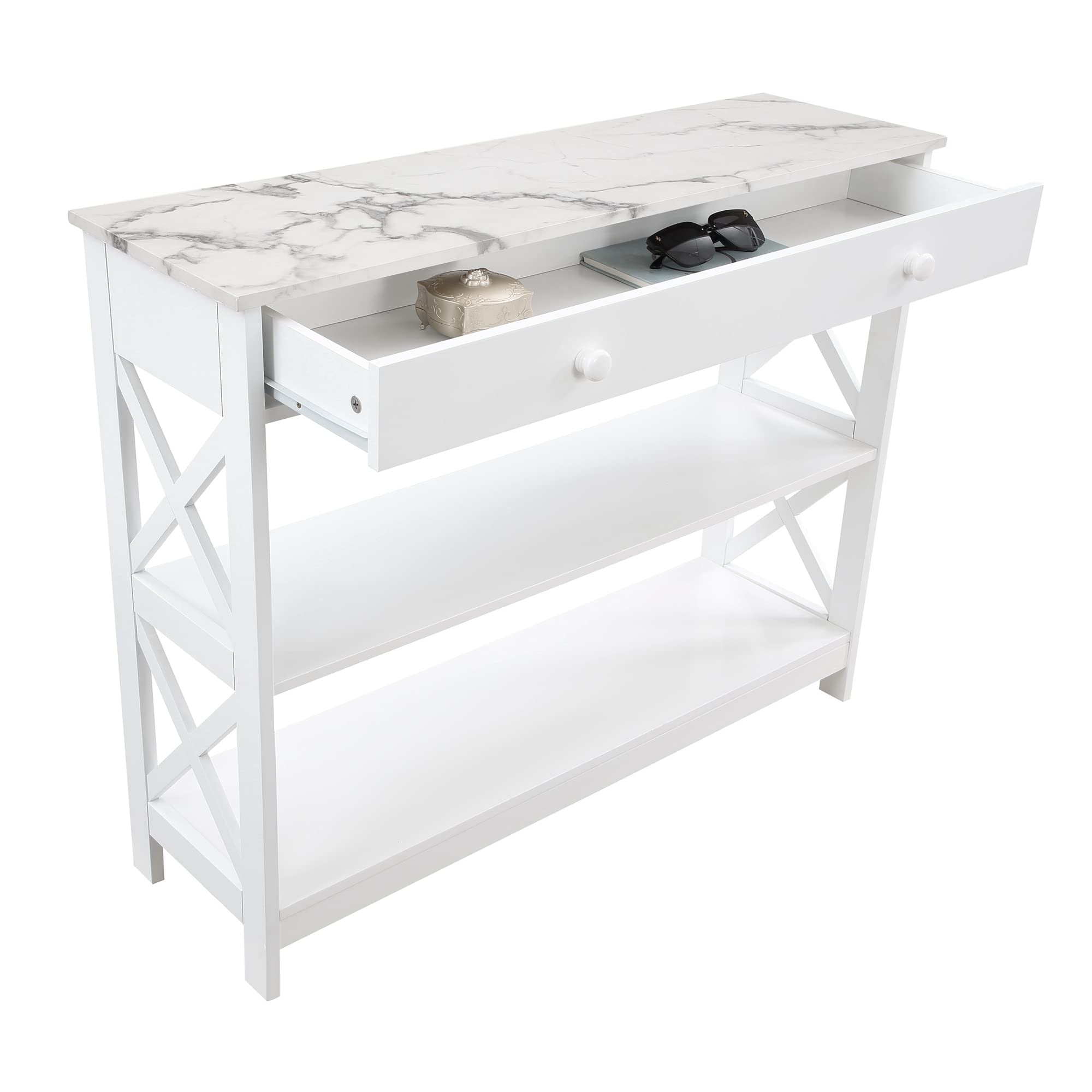 Convenience Concepts Oxford 1 Drawer Console Table With Shelves, White Faux Marble/White