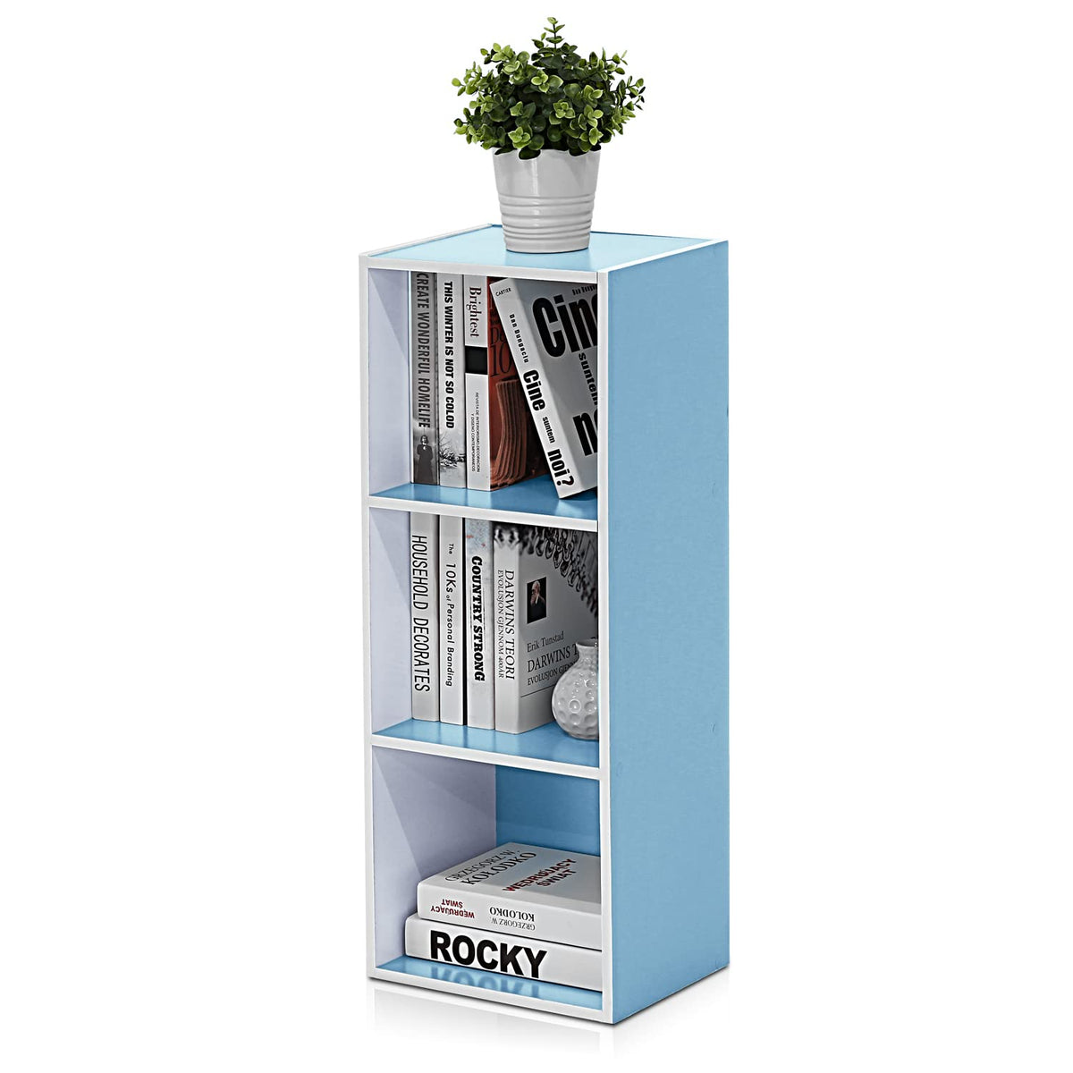 Furinno 3Tier Open Shelf Bookcase, White/Light Blue 11003Wh/Lbl