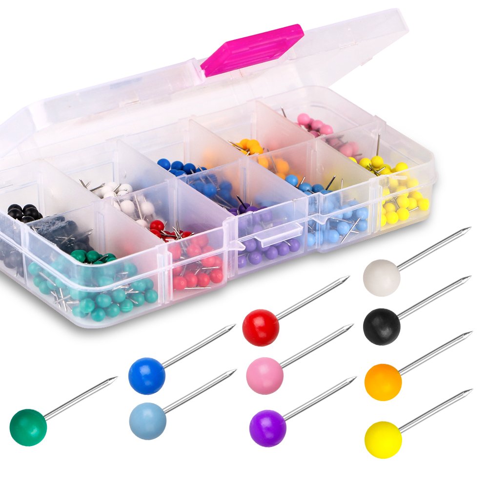 Yalis Push Pins 1200-Count Map Tacks Marking Pins 1/8-Inch Plastic Beads Head, 10 Assorted Colors