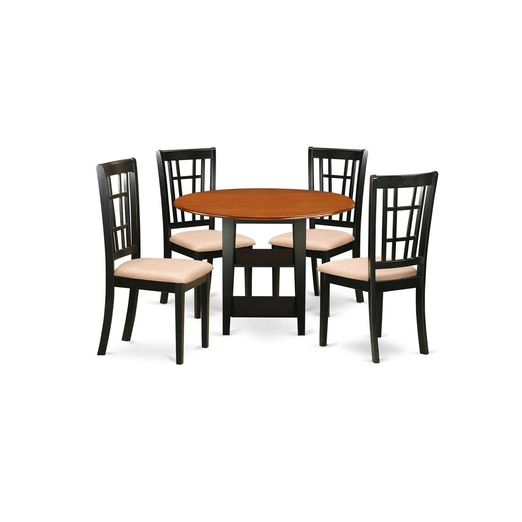 East West Furniture Suni5-Bch-C 5 Piece Dining Set Includes A Round Dining Room Table With Dropleaf & Shelves And 4 Linen Fabric Upholstered Chairs, 42X42 Inch, Black & Cherry