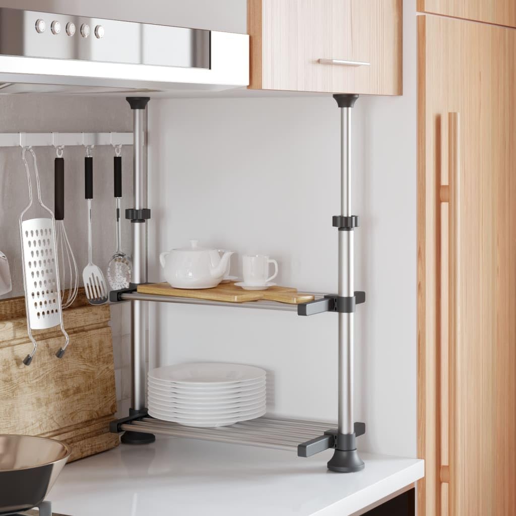 vidaXL Adjustable Kitchen Shelf in Elegant Silver – Sturdy Aluminium Frame Kitchen Rack with Ample Storage Space – User-Friendly and Easy Assembly Required