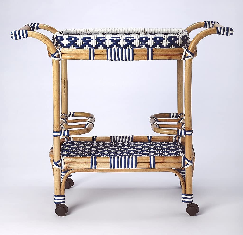 HomeRoots Rattan, PE Plastic Weave, Casters Blue and White Rattan Bar Cart