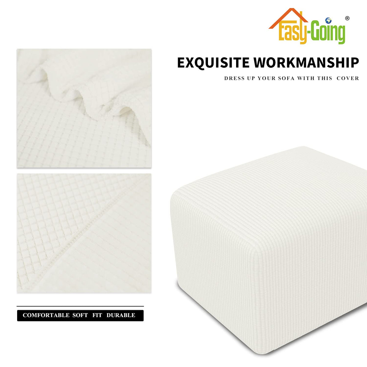Easy-Going Stretch Square Ottoman Cover Folding Storage Stool Furniture Protector Soft Rectangle Slipcover With Elastic Bottom (15X15X15Inch, Cream) X-Small