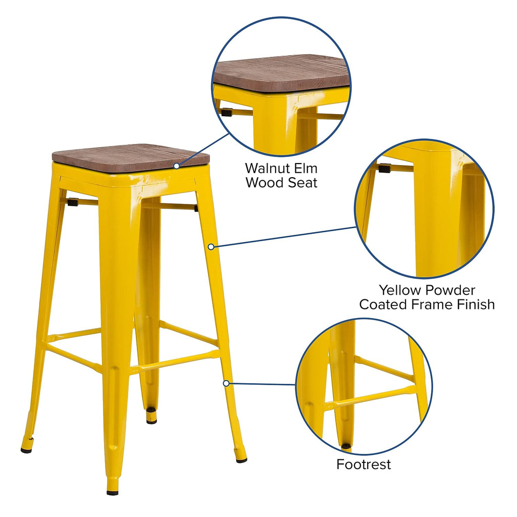 Flash Furniture Lily 30" High Backless Yellow Metal Barstool with Square Wood Seat