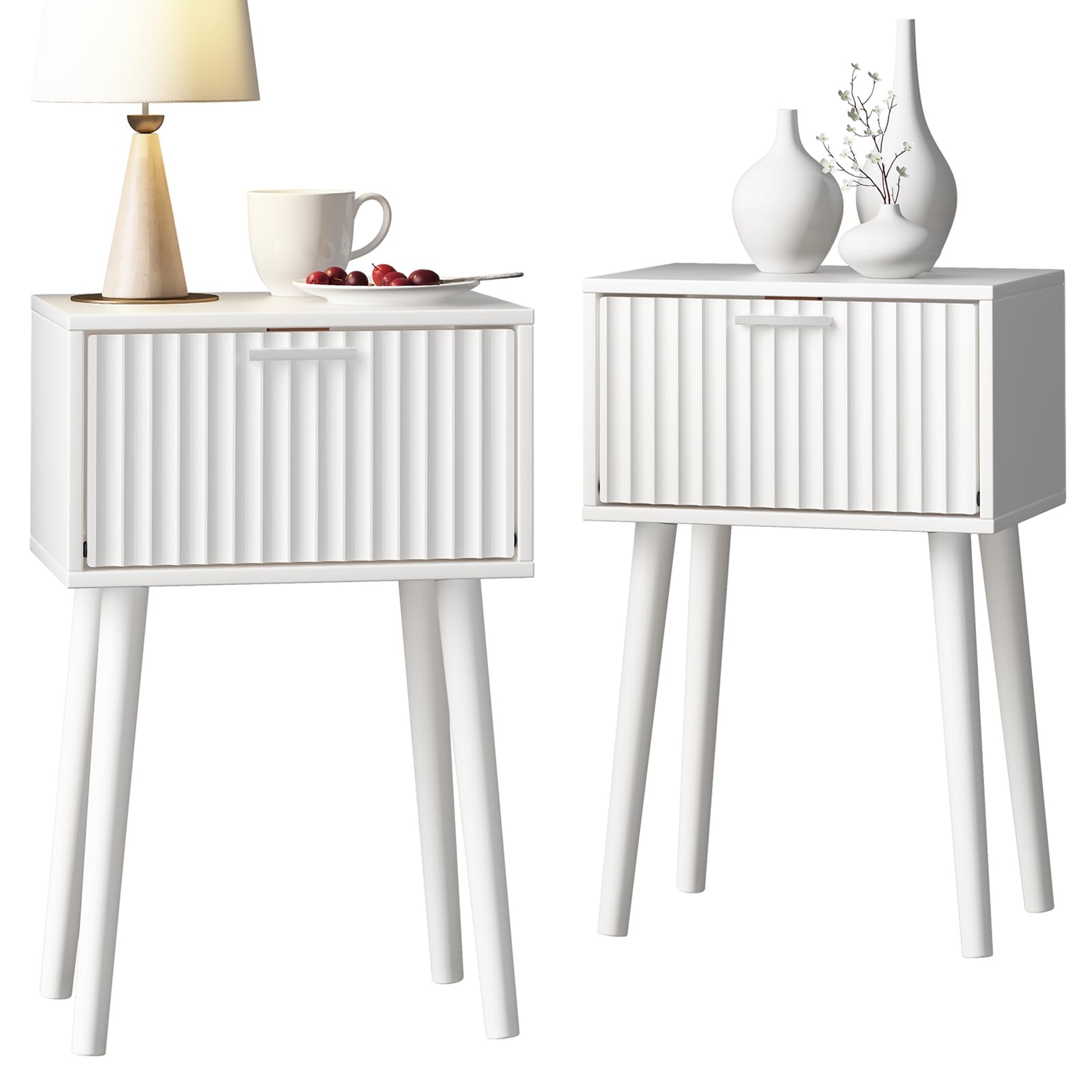 LAATOOREE Nightstands Set of 2, Small Side Table, Bedside Table with Fluted Door, Solid Wood Feet; Modern Mid-Century End Table 