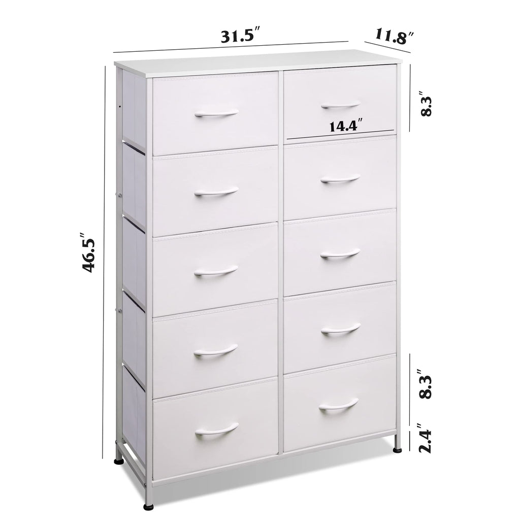Wlive Fabric Dresser For Bedroom With 10 Drawers, Tall Chest Of Drawers, White Dressers Bedroom Furniture, Storage Organizer Unit With Bins For Closet, Hallway, Living Room, Entryway