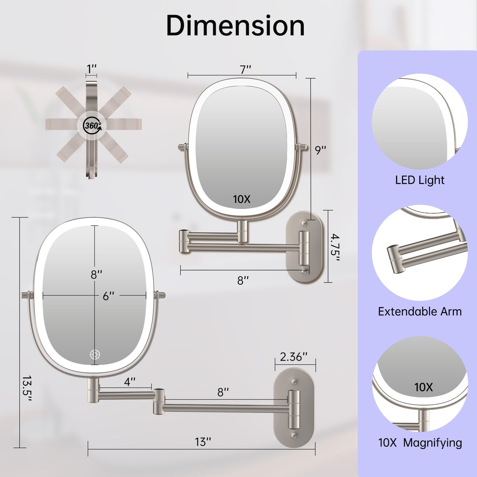 Funtouch Wall Mounted Lighted Makeup Vanity Mirror, Double Sided 1X 10X Magnifying Bathroom Mirror, 3 Color Lighting Option Dimm