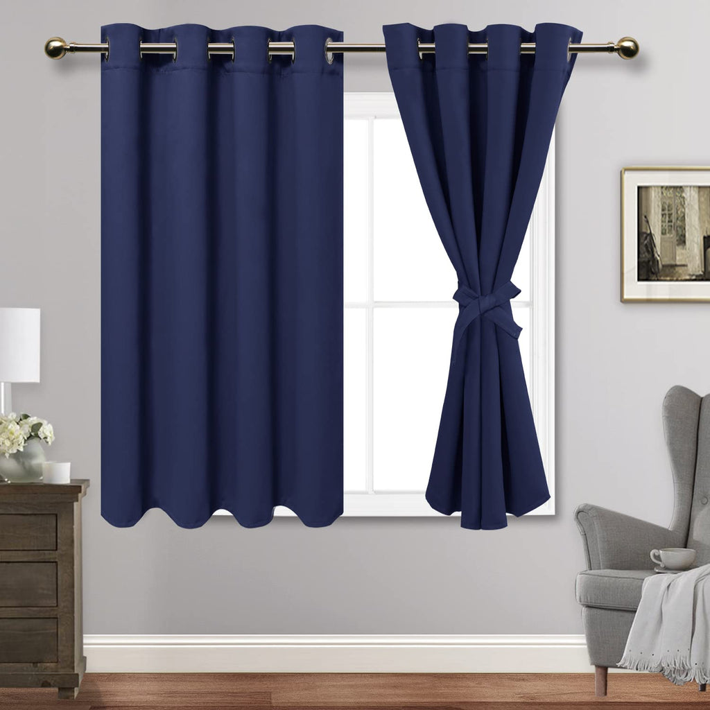 Jiuzhen Navy Blue Blackout Curtains With Tiebacks Thermal Insulated, Light Blocking And Noise Reducing Grommet Curtains For Bedroom And Living Room, Set Of 2 Window Curtain Panels, 52 X 45 Inch Length