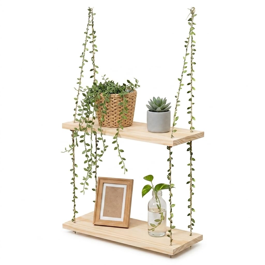 HASTHIP Window Hanging Shelf, 2 Tier Rustic Rope Wall Organizer