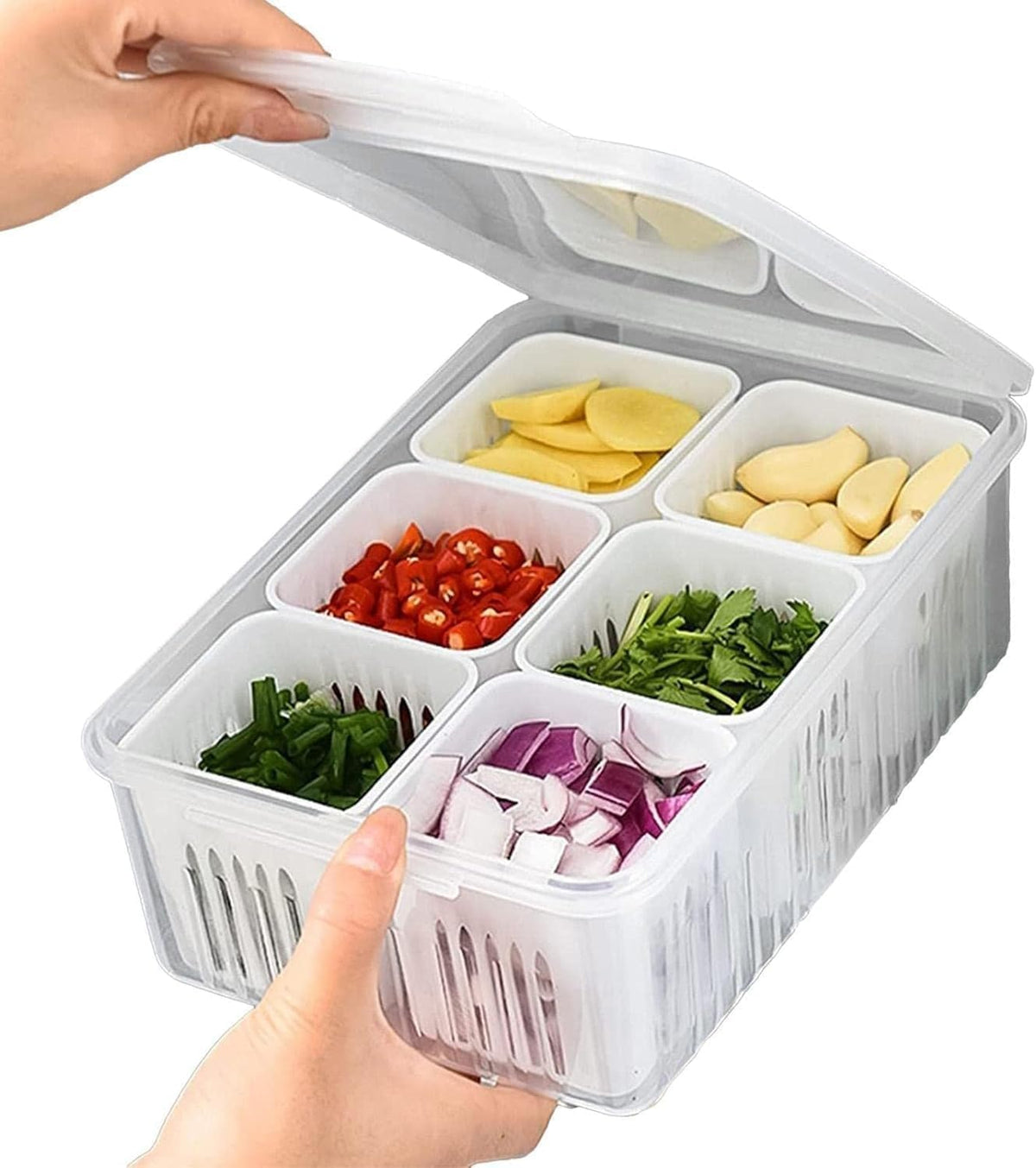 SEOULY 6 Grid Fridge Storage Box with Lid Stackable Plastic Fridge Organizer Container Space Saving Storage for Chopped Vegetabl