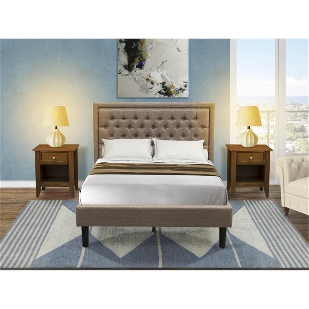 East West Furniture KD16F-2GA08 3 Piece Bed Set - 1 Full Platform Bed Frame Dark Khaki Linen Fabric Padded and Button Tufted Headboard with 2 Bedroom Nightstand - Antique Walnut Finish Nightstand