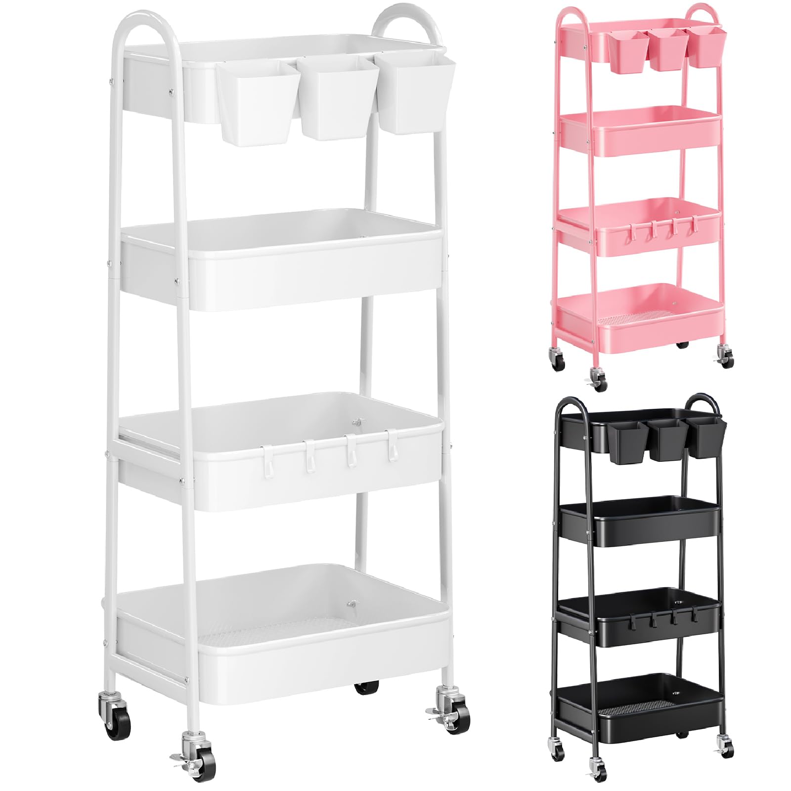 White 4 Tier Rolling Cart Metal with Wheels, Heavy Duty Utility Storage Organizer Carts on Wheels, Four Tiered Roller Cart for B