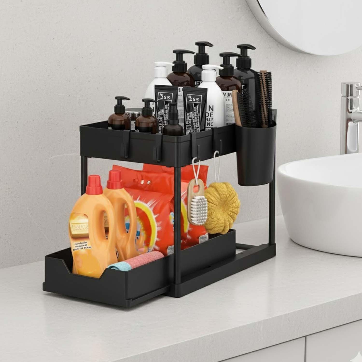 Bianco 2Tier Under Sink Organizer Rack For Home & Bathroom With 5 Hooks & Cup | Sliding Basket Shelf Stand For Bathroom, Laundr