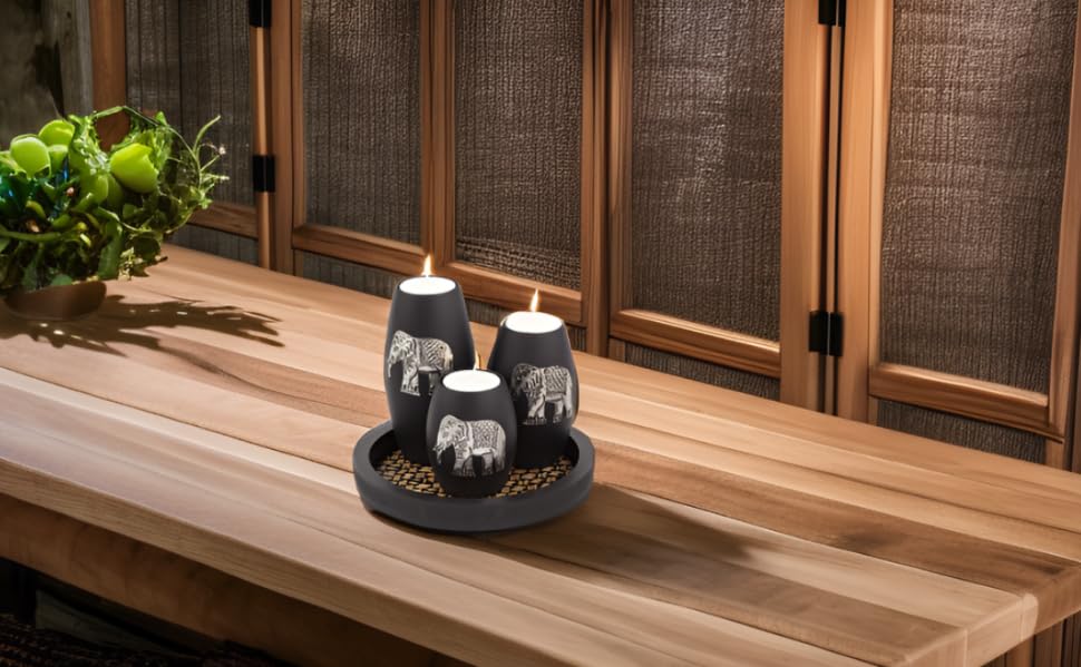 Iyara Craft Tealight Candle Holders With Candle Tray Set Of 3 Decorative Candle Holders Matte Wood Finish With Inlaid Aluminum A