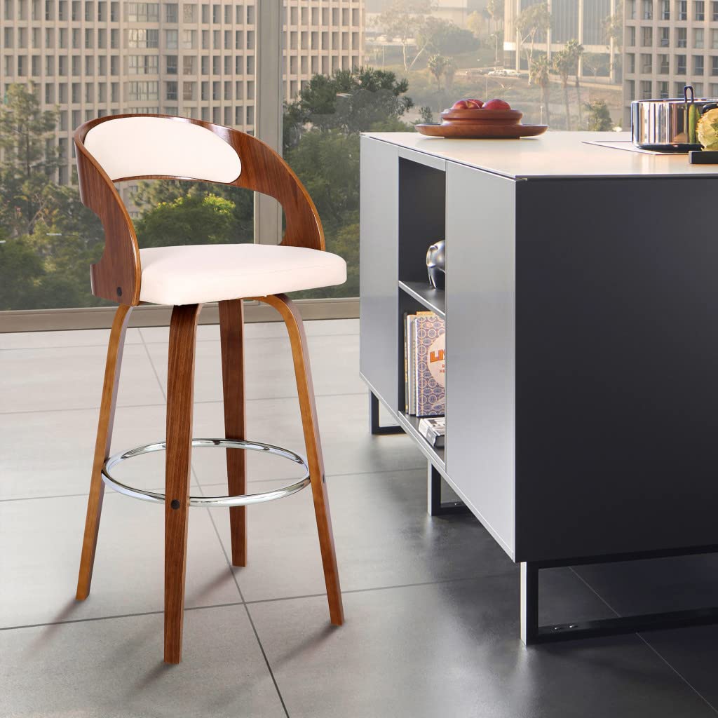 HomeRoots Cream Faux Leather Modern Walnut Wooden Bar Stool
