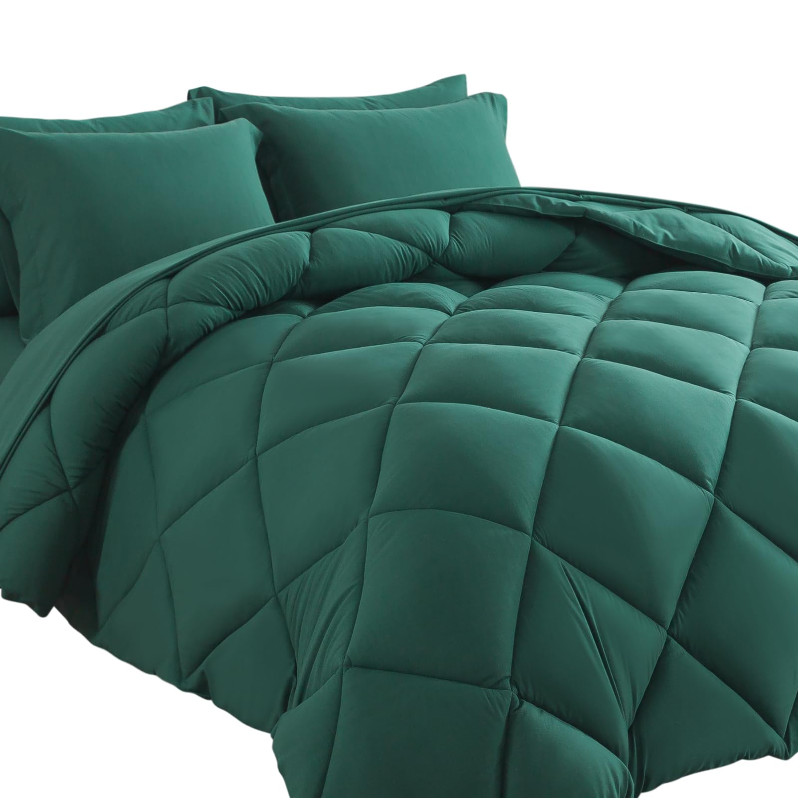 Cosybay Bed In A Bag King Comforter Sets 7Pcs All Season Solid Down Alternative Bedding Sets Dark Green With Comforter, Pillow S