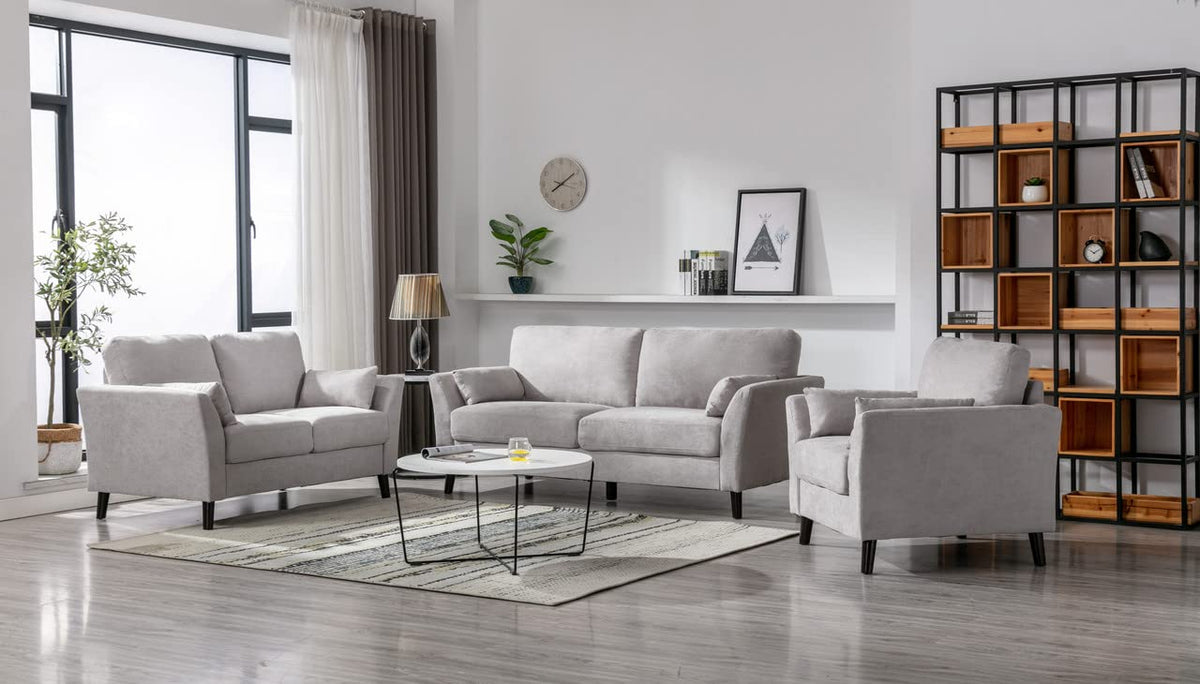 Lilola Home Damian Light Gray Velvet Fabric Sofa Loveseat Chair Living Room Set