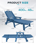 Lounge Chair Outdoor, Oversized Chaise Lounge Chair With 5 Positions, Hdpe, Patio Lounge Chair With Wheels & Cup Holder For Pool, Deck, Poolside, Azure Blue