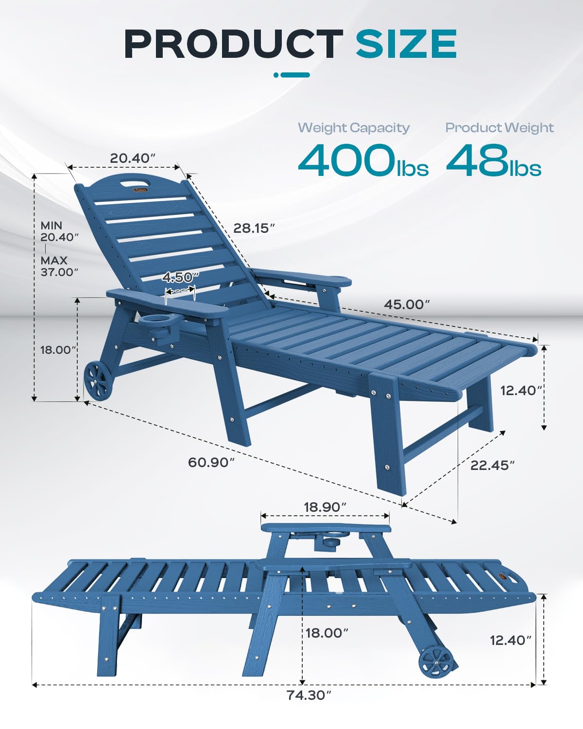 Lounge Chair Outdoor, Oversized Chaise Lounge Chair With 5 Positions, Hdpe, Patio Lounge Chair With Wheels & Cup Holder For Pool, Deck, Poolside, Azure Blue