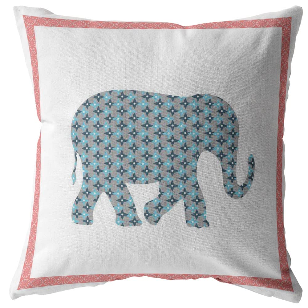 HomeRoots Blue and Pink On White 18â€ Blue Pink Elephant Boho Suede Throw Pillow