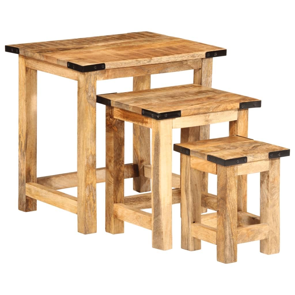 vidaXL Nesting Side Tables 3 pcs - Rough Solid Mango Wood, Industrial Style Furniture, Space-Saving, Versatile Use - Living Room, Bedroom, Office